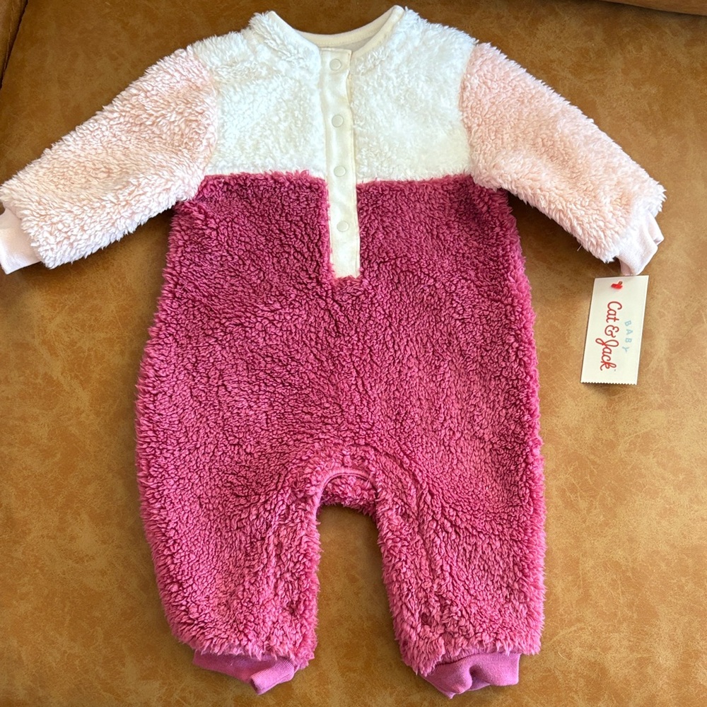 New! Cat & Jack Pink and White Fuzzy Footie - Size 0 to 3 months